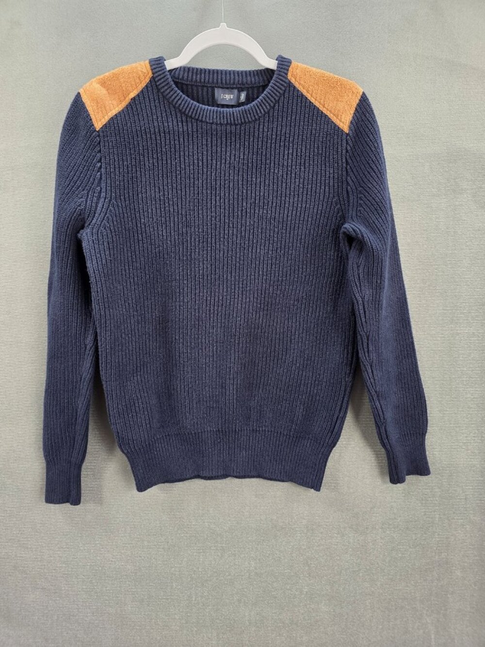 J. Crew Men's Navy Blue Ribbed Cotton Sweater Brown Shoulder Patches Size Small